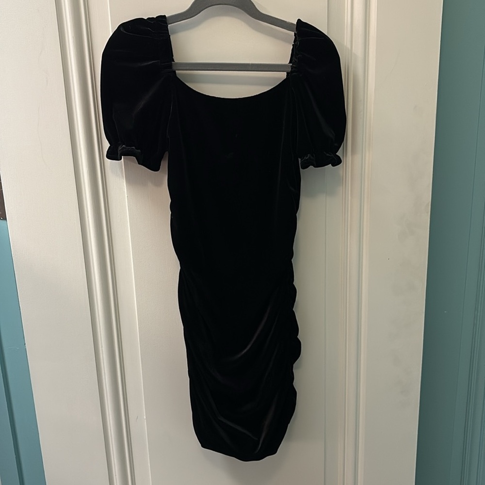 Girls Black Velvet Mini Dress with Puff Sleeves and Square Neck Size 10